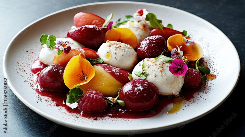 Plate of assorted fruits and ice cream served on a table in a luxury dining setting Plate of assorted fruits and ice cream served on a table in a luxury dining setting