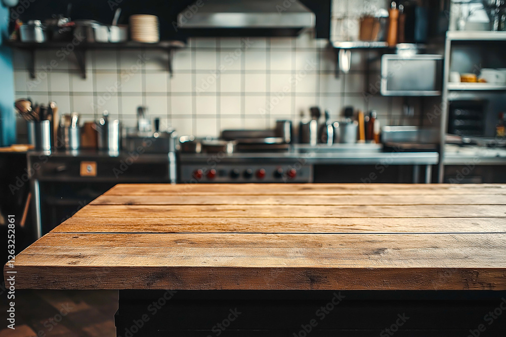 Empty wooden table inside professional restaurant kitchen , for product placement advertisement Empty wooden table inside professional restaurant kitchen , for product placement advertisement