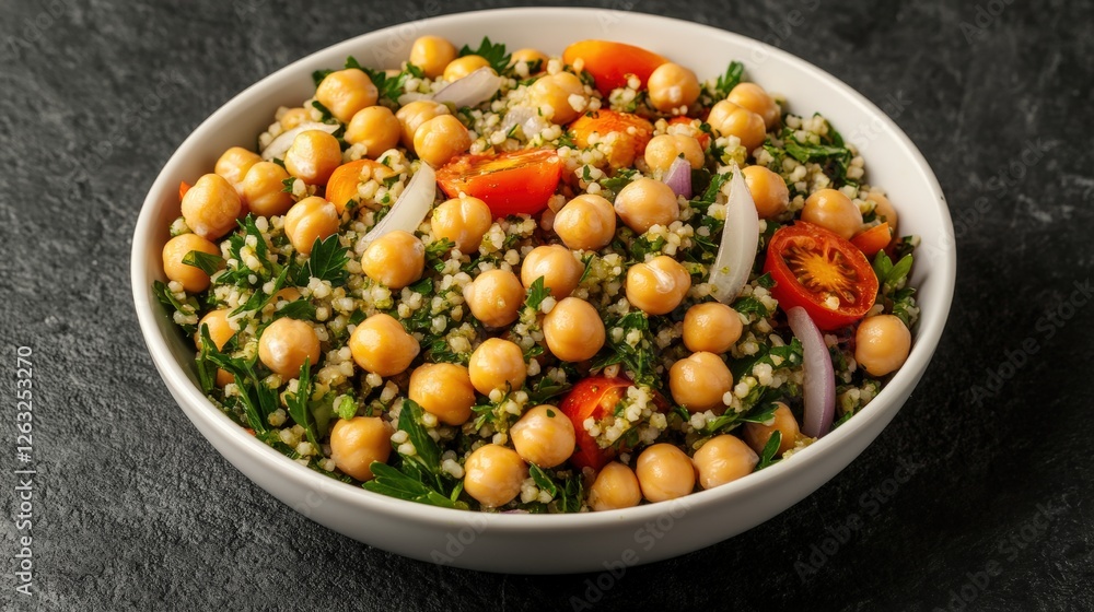 Bowl of mediterranean chickpea salad with tomatoes and onions on a wooden table Bowl of mediterranean chickpea salad with tomatoes and onions on a wooden table