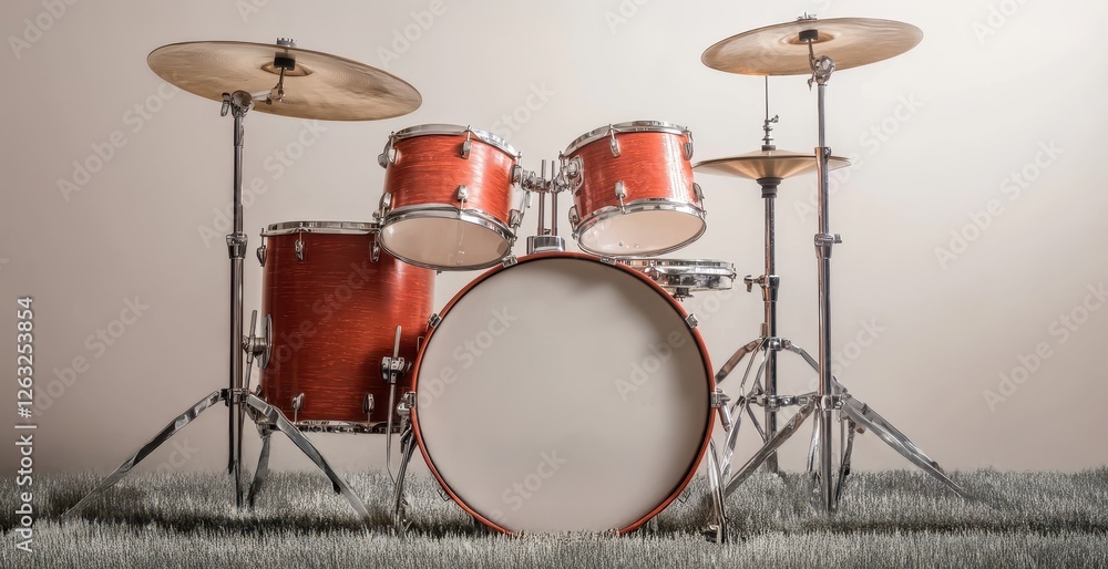 A vibrant drum set featuring a bass drum, snare, and cymbals, set against a minimalist background, showcasing craftsmanship and musical potential. A vibrant drum set featuring a bass drum, snare, and cymbals, set against a minimalist background, showcasing craftsmanship and musical potential.