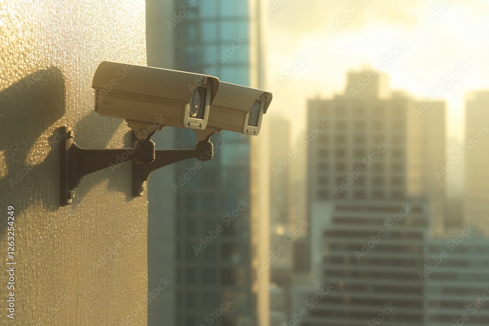 Two security cameras mounted on a building wall overlooking a city at sunset. Two security cameras mounted on a building wall overlooking a city at sunset.