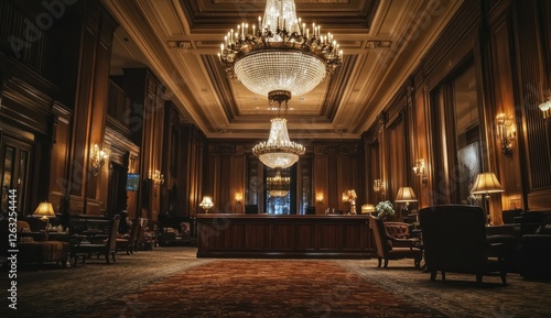 Grand Hotel Lobby: Luxurious Interior with Crystal Chandeliers
