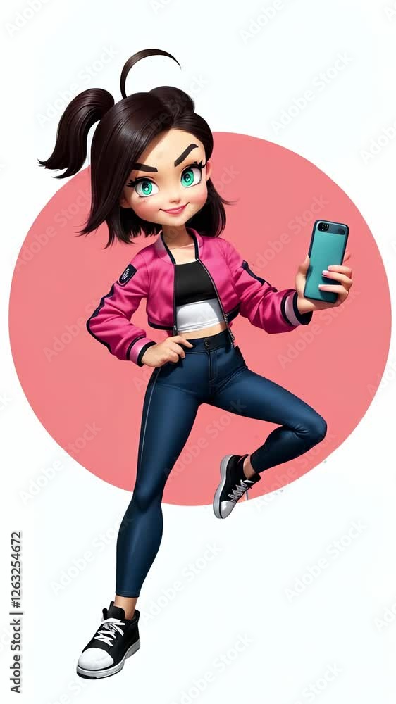 Cartoon Girl with Smartphone Seamless Loop Vertical 4K Video. Stylish Animated Teen Holding Cell Phone, Social Media, and Technology Concepts. VJ loop Cartoon Girl with Smartphone Seamless Loop Vertical 4K Video. Stylish Animated Teen Holding Cell Phone, Social Media, and Technology Concepts. VJ loop