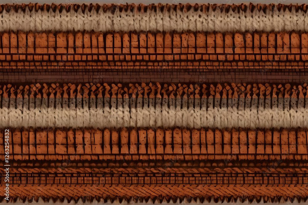 Abstract textile pattern with warm tones and intricate designs created using digital techniques