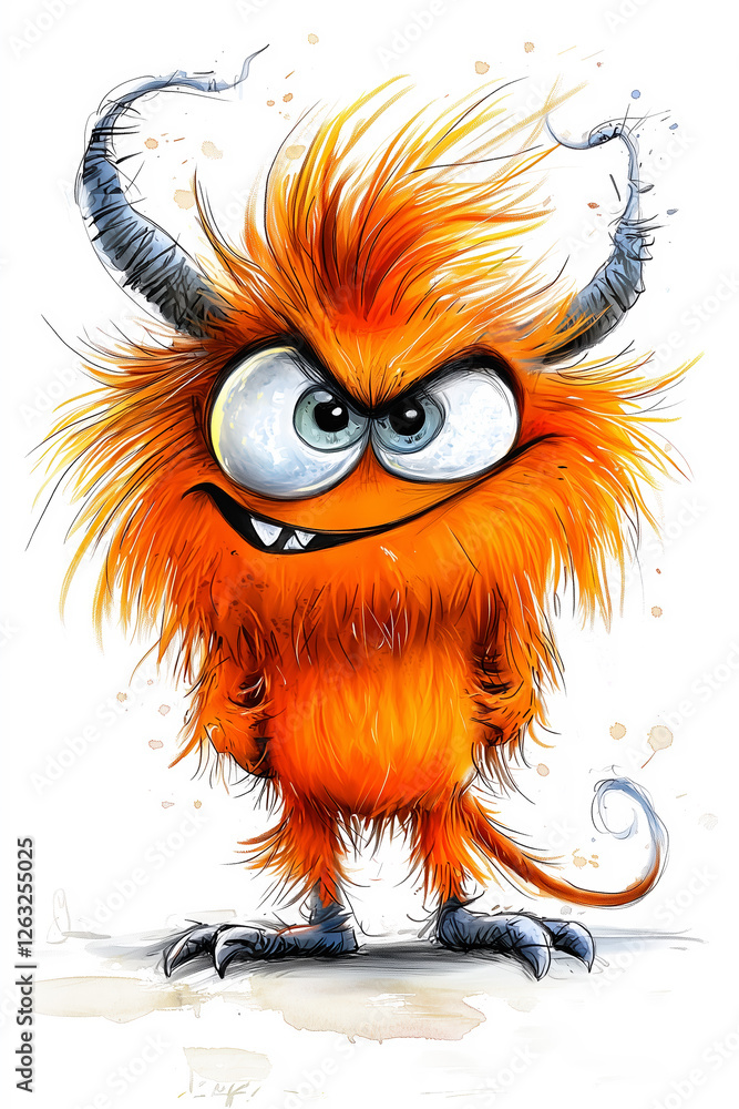 Fiery furry creature with twisted horns and a mischievous grin Fiery furry creature with twisted horns and a mischievous grin