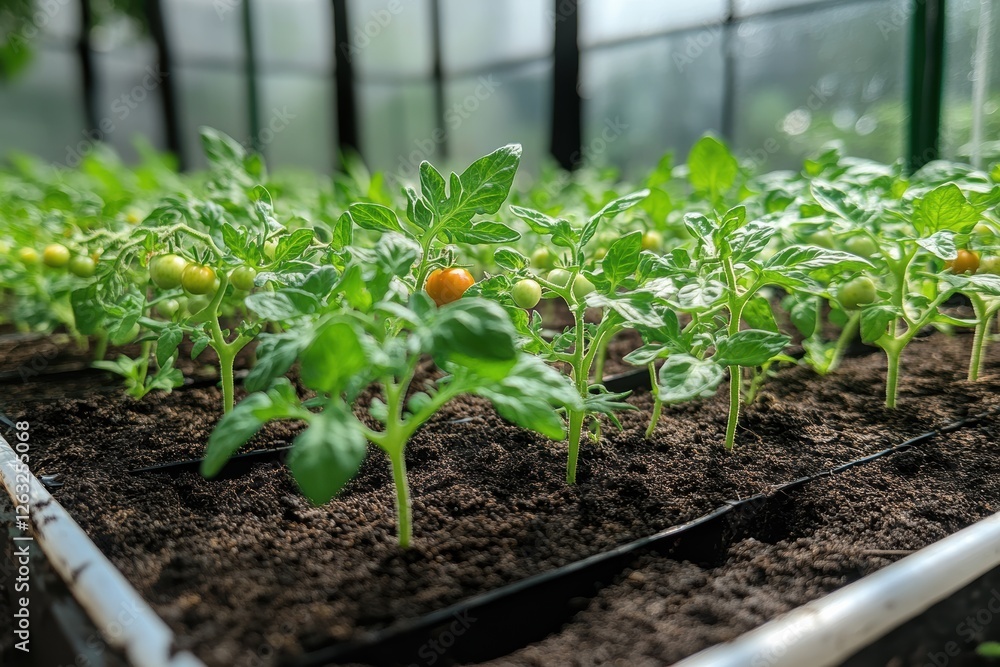 Planting tomato seedlings in a greenhouse during springtime to promote healthy growth Planting tomato seedlings in a greenhouse during springtime to promote healthy growth