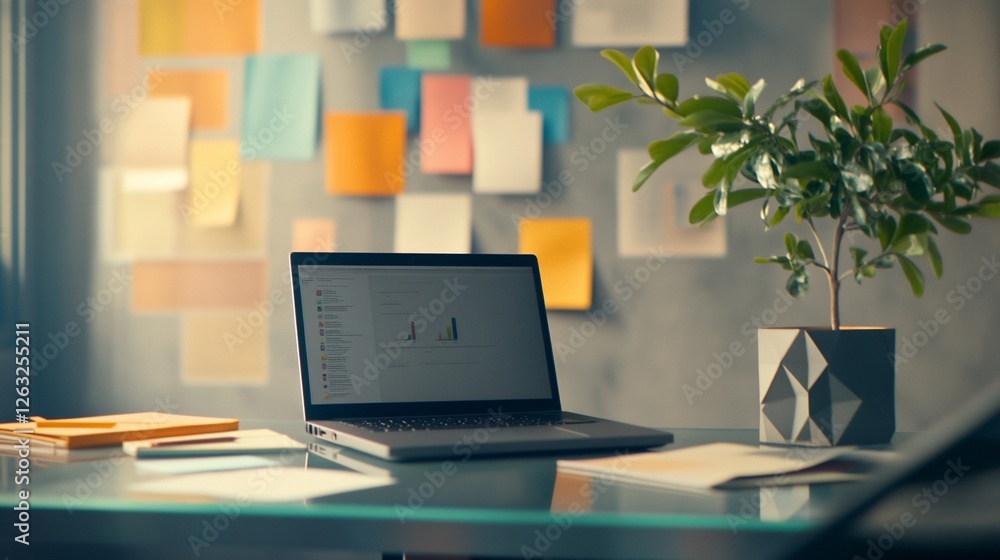 custom made wallpaper toronto digitalLaptop on glass desk with notes and plant.