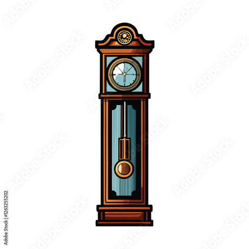 Create a detailed, editable stroke vector illustration of a classic grandfather clock, showcasing intricate details like pendulum and weights.
