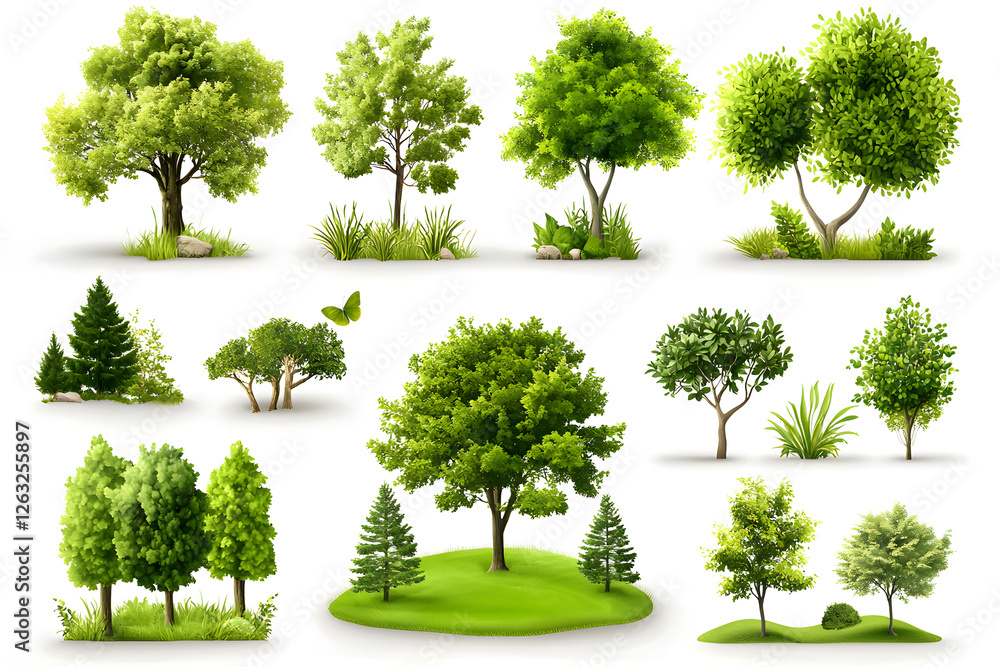 Fototapeta premium Various realistic green trees collection isolated on white background