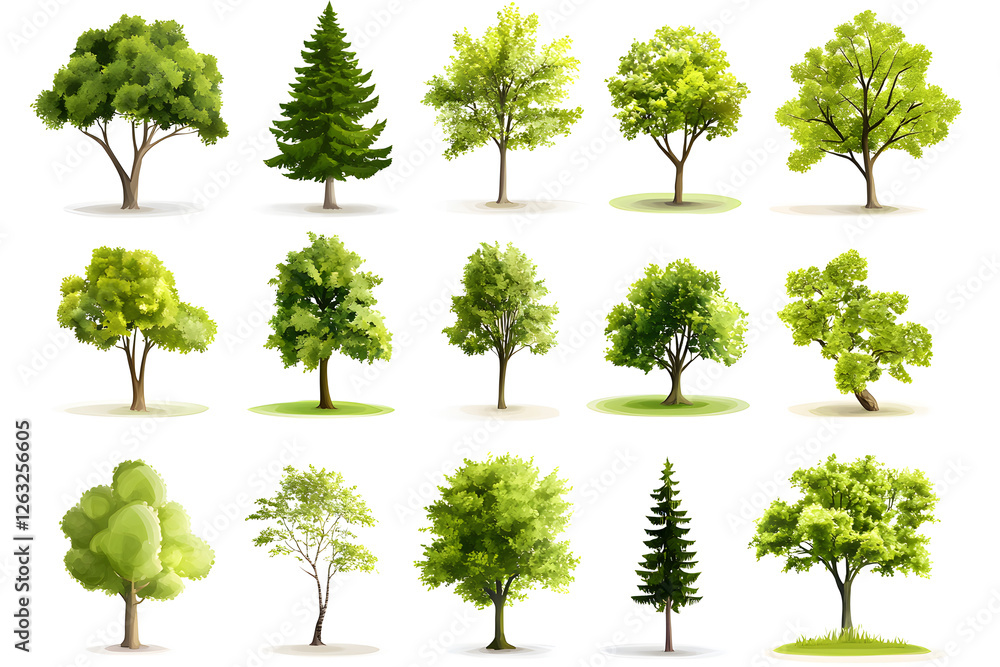 Fototapeta premium Various realistic green trees collection isolated on white background
