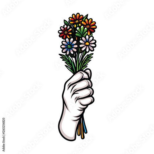 Editable stroke vector illustration of a hand delicately holding a vibrant bouquet of flowers.  Perfect for invitations, cards, and websites.