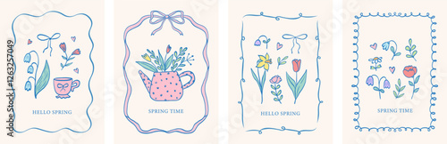 Vintage spring set of cute cards or posters in coquette style. Hand drawn whimsical frames with bows and ribbons. Lovely flowers, leaves, tulip, watering can, daffodil. Vector template for holiday.