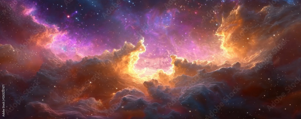 Naklejka premium A stunning cosmic display featuring vibrant purples and oranges amidst swirling clouds and countless stars, evoking the beauty of the universe.