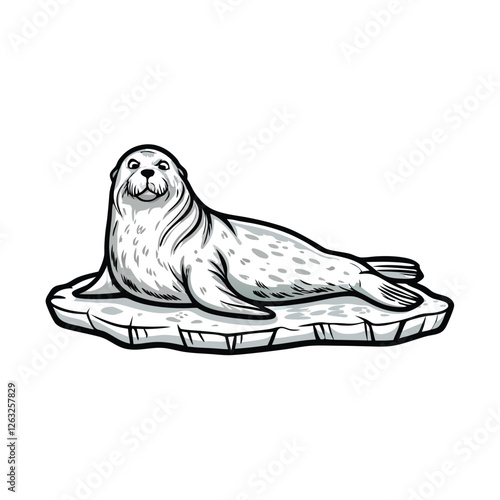 Create a vector illustration of a harp seal resting on an ice floe, featuring editable strokes for easy modification.  Include realistic details of the seal's fur and the ice.