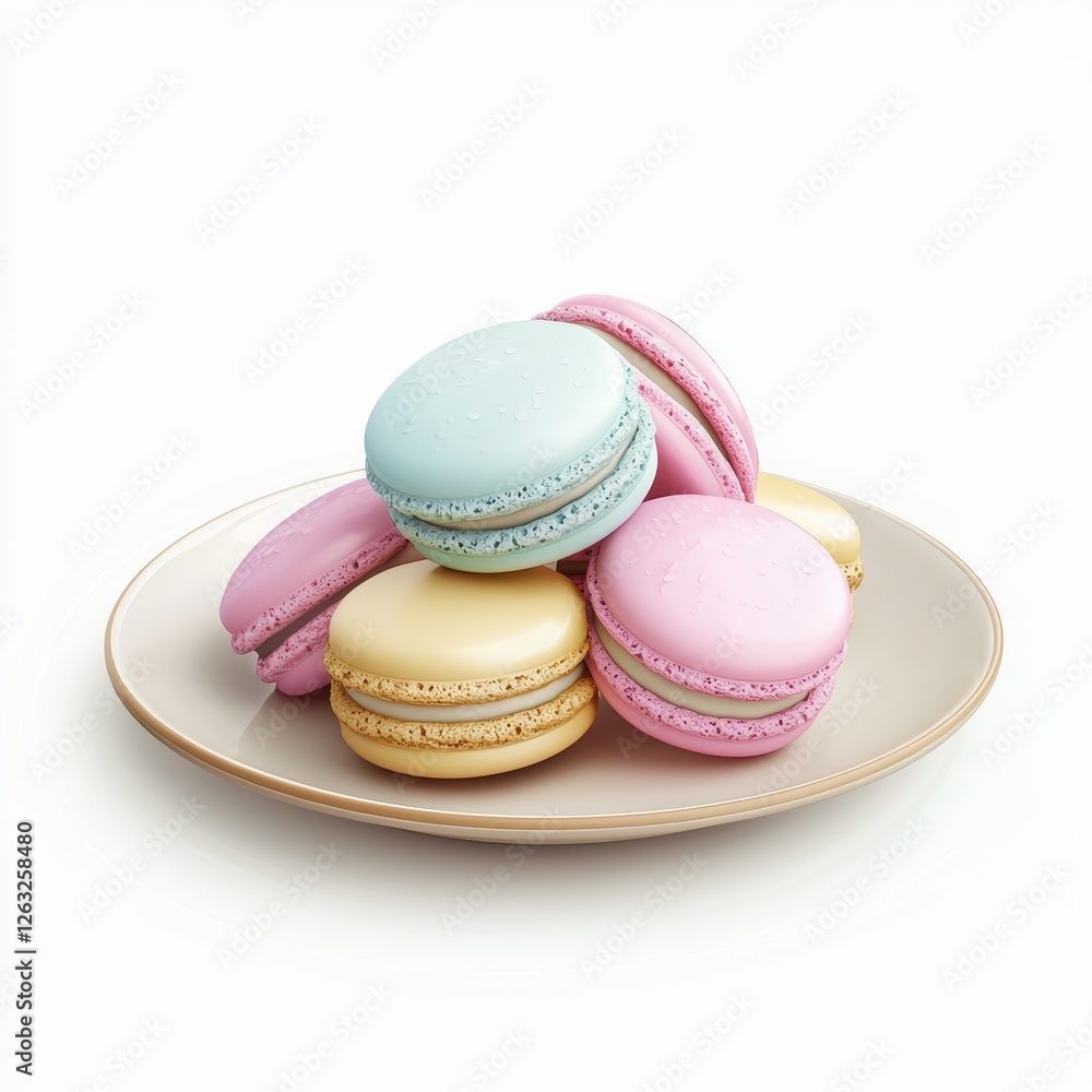 Small plate of macarons in pastel colors on a white background Small plate of macarons in pastel colors on a white background