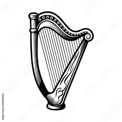 Create a detailed vector illustration of a harp featuring intricate detailing, with editable strokes for easy modification.  Include Celtic knotwork.