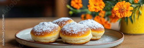 Golden Syrniki, Eastern European Pancakes Made with Cottage Cheese and Powdered Sugar on a Pale Plate, Decorated with Marigold Flowers, Sweet Breakfast Concept. photo