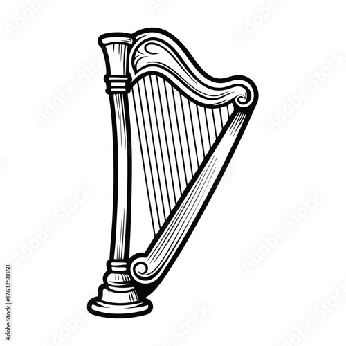 Create an editable stroke vector graphic of a classical harp, showcasing its strings and details.  Ensure high resolution and clean lines.