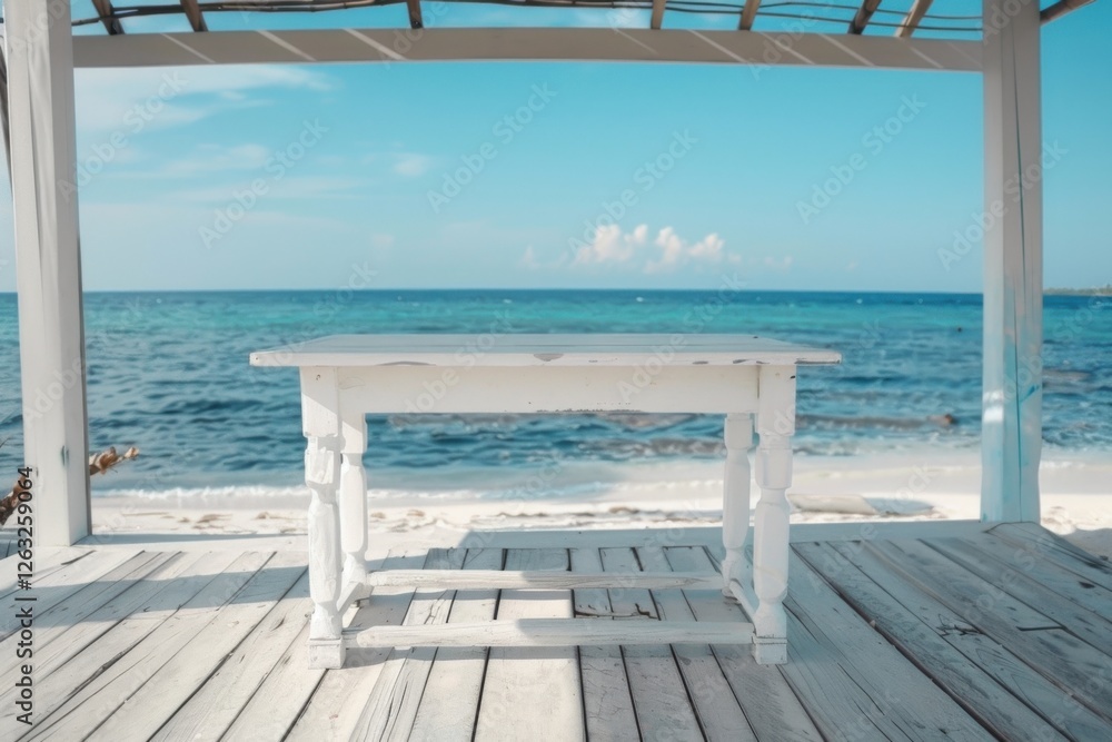 A serene ocean view featuring a white table on a wooden deck, with a clear blue sky and gentle waves in the background. A serene ocean view featuring a white table on a wooden deck, with a clear blue sky and gentle waves in the background.
