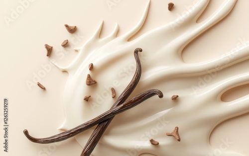 White chocolate splash infused with vanilla bean specks, pastel cream background