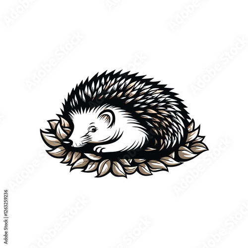 Create a detailed, editable vector illustration of a hedgehog curled into a tight ball, showcasing intricate quill detail and a smooth, curved silhouette.  Include a clean, easily modifiable stroke.