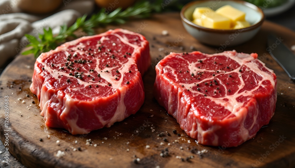Raw Chuck Eye Steaks Ready for Cooking on a Wooden Board Raw Chuck Eye Steaks Ready for Cooking on a Wooden Board