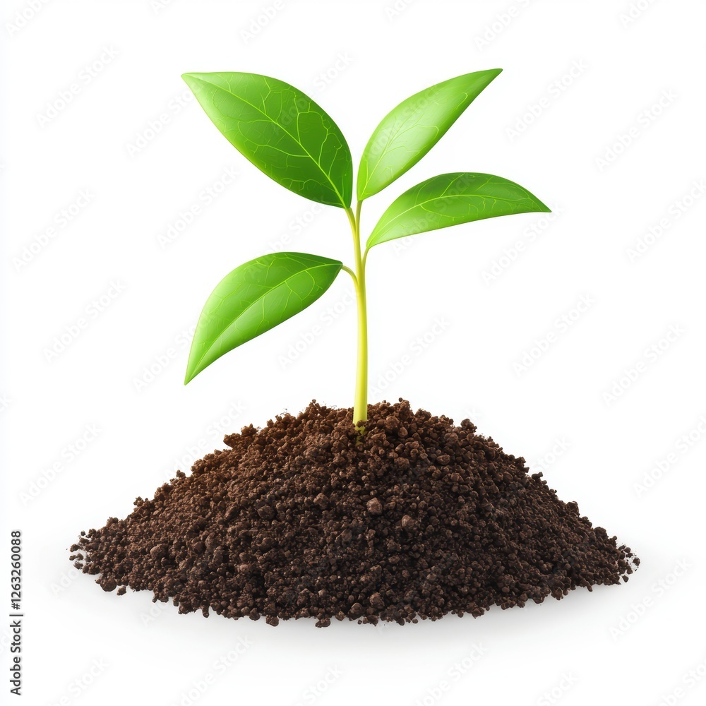Tiny sprout emerging from rich soil on a white background Tiny sprout emerging from rich soil on a white background