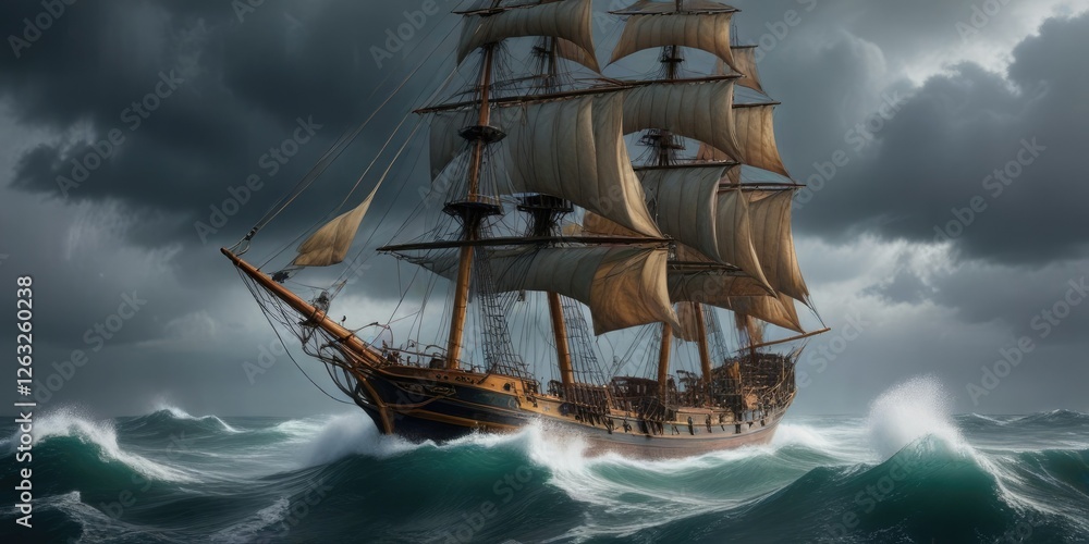 Fototapeta premium Tall ship sailing through rough seas in a stormy weather scene, sailing, waves, weather