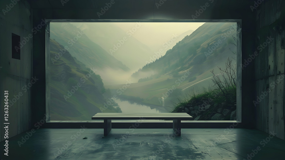 Fototapeta premium Serene view of a misty valley from a modern concrete structure with a bench overlooking the landscape