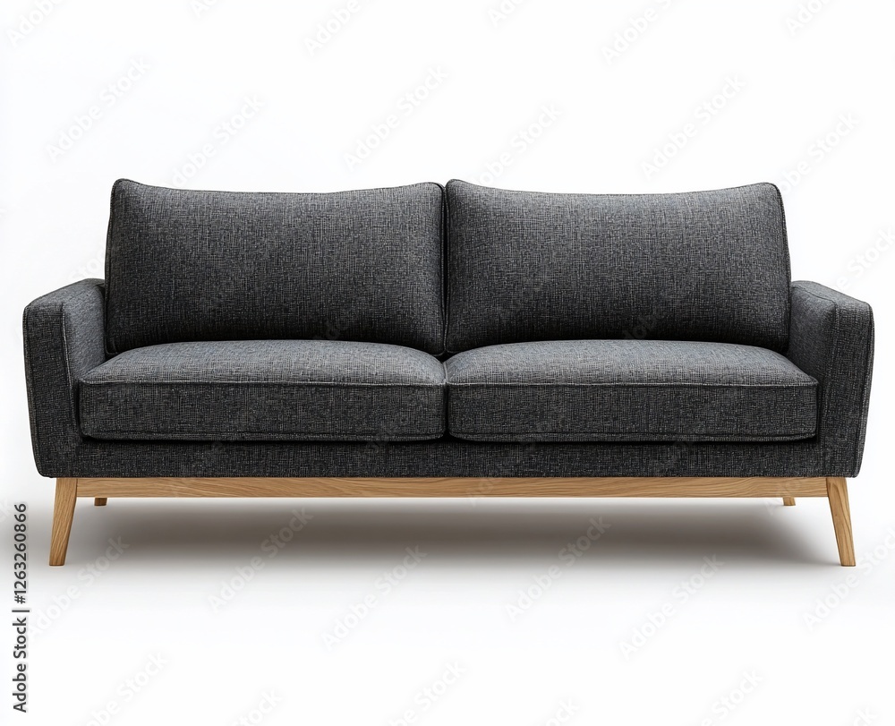 Fototapeta premium Modern dark gray fabric sofa with light wooden legs on white background.