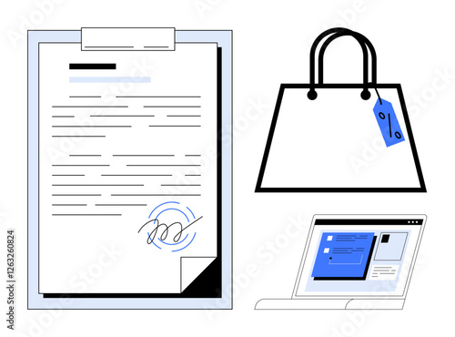 Wallpaper Mural Clipboard with signed contract, shopping bag with price tag, open laptop with blue screen. Ideal for e-commerce, online shopping, business contracts, digital agreements, retail market, consumer Torontodigital.ca
