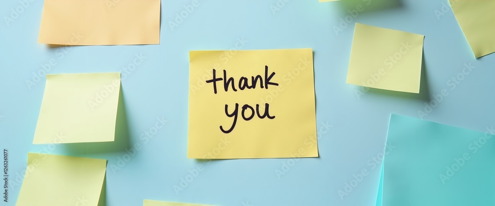 Yellow sticky notes with thank you message on blue background, appreciation concept Yellow sticky notes with thank you message on blue background, appreciation concept