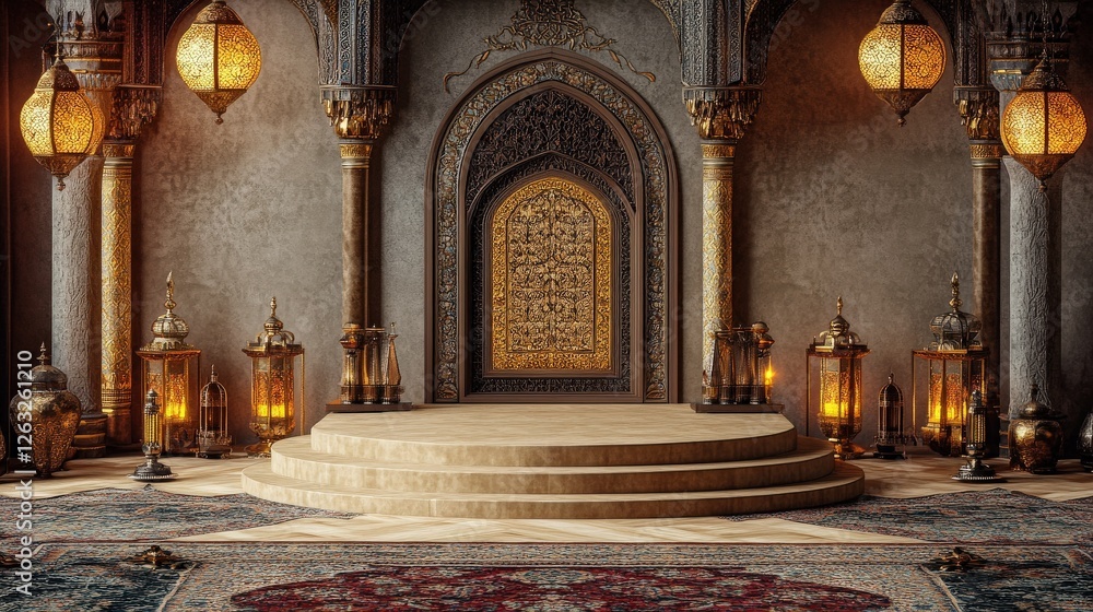 Obraz premium Elegant Middle Eastern Palace Interior Design with Golden Lanterns and Intricate Architecture