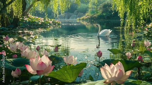 Fototapeta Naklejka Na Ścianę i Meble -  Serene pond with swan and lotus flowers in a tranquil garden setting.