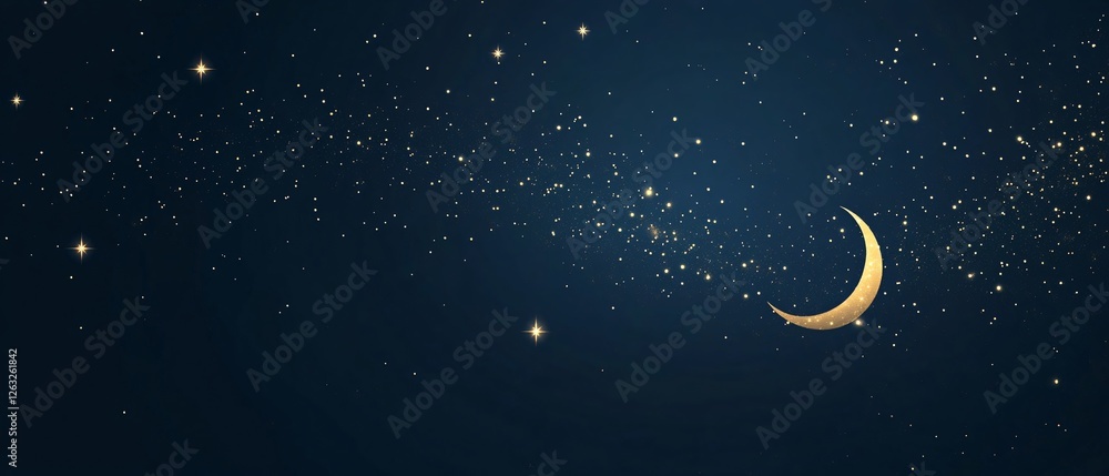 Naklejka premium Serene and Stylish Eid Greeting Card With a Midnight Sky, Tiny Crescent Moon, and Gentle Star Accents