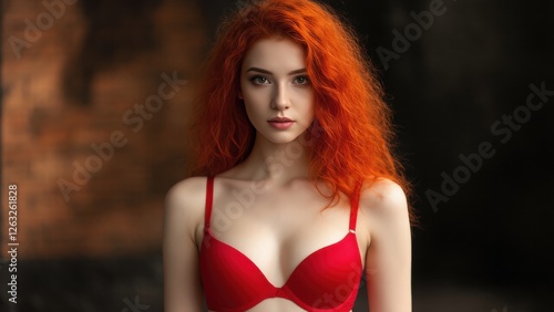 Wallpaper Mural Young woman with vibrant red hair poses confidently in a red bra against a dark textured background Torontodigital.ca