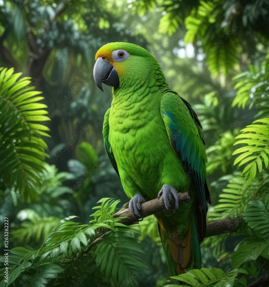 Fototapeta premium The vibrant colors of a green parrot against the backdrop of lush green foliage, avian, plant life