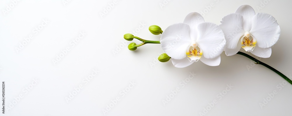 Fototapeta premium A delicate white orchid branch with green buds against a minimalistic background, emphasizing elegance and natural beauty.