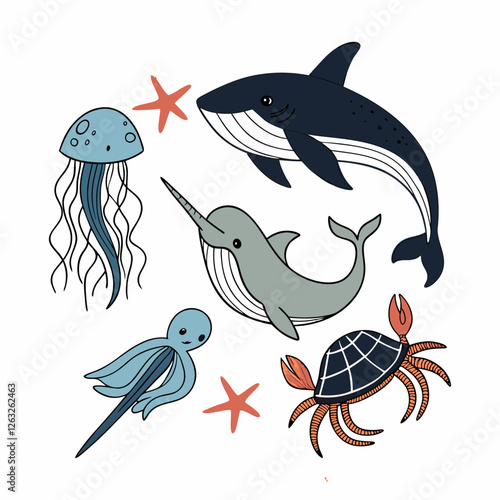 Fish and wild marine animals are isolated on white background. Inhabitants of the sea world, cute, funny underwater creatures dolphin, shark, ocean crabs, sea turtle, shrimp. Flat cartoon illustration