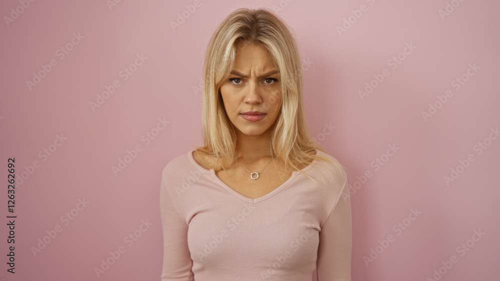 Φωτογραφία Woman standing isolated against a pink wall looks serious and confident, capturing beauty and elegance with her blonde hair and casual attire in a minimalist setting