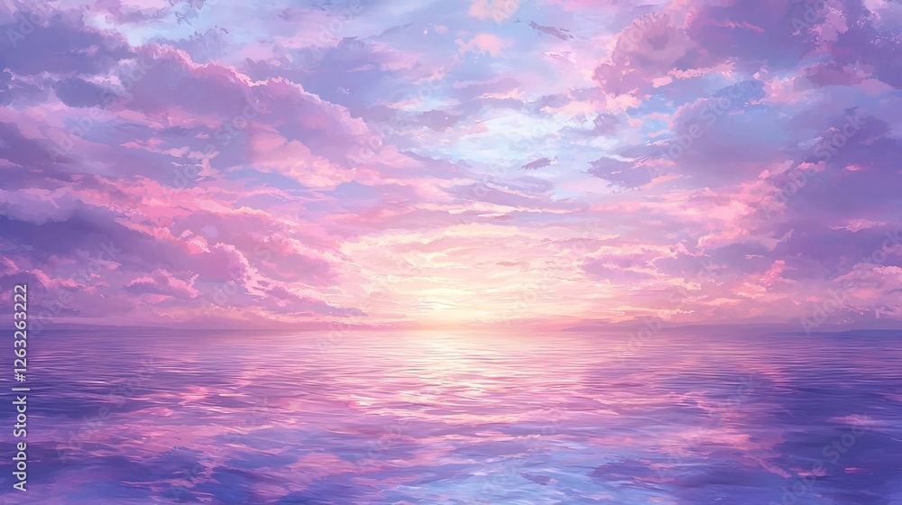 Obraz premium Serene, vibrant sunset over tranquil ocean. Pastel colors of pink and purple clouds reflect on a calm sea.