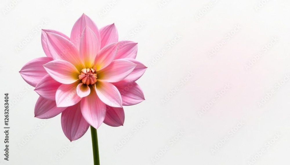 Single dahlia flower with fully opened petals against a crisp white background, petals, bloom, blossom Single dahlia flower with fully opened petals against a crisp white background, petals, bloom, blossom