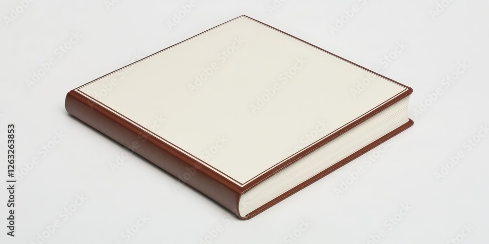 Fototapeta premium Close-up of a hardcover book's captivating front cover, featuring an elegant brown and white design with a delicate diagonal border connecting corners
