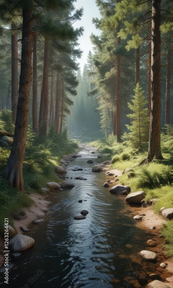Obraz premium Tranquil stream flowing through a forest of pine trees, flowing, serene, pines
