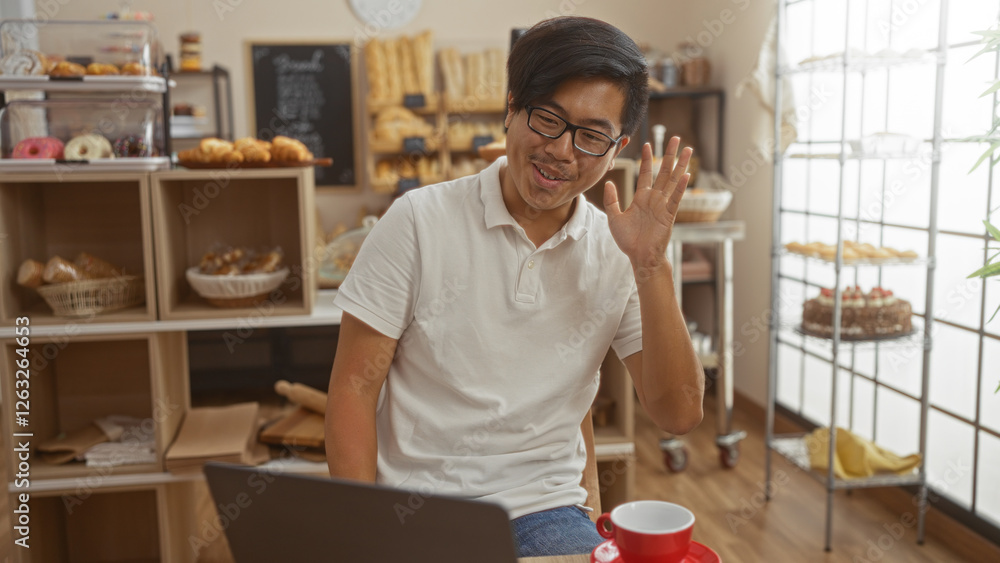 Young man in bakery making video call with laptop waving hand sitting indoors with coffee cup Young man in bakery making video call with laptop waving hand sitting indoors with coffee cup