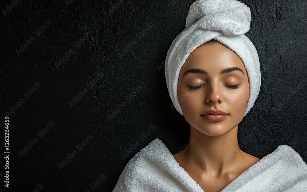 Obraz premium Woman relax in SPA wrapped in a soft towel. Bright black background. top view