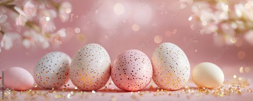Obraz premium Pastel Easter Eggs with Glitter on a Pink Background
