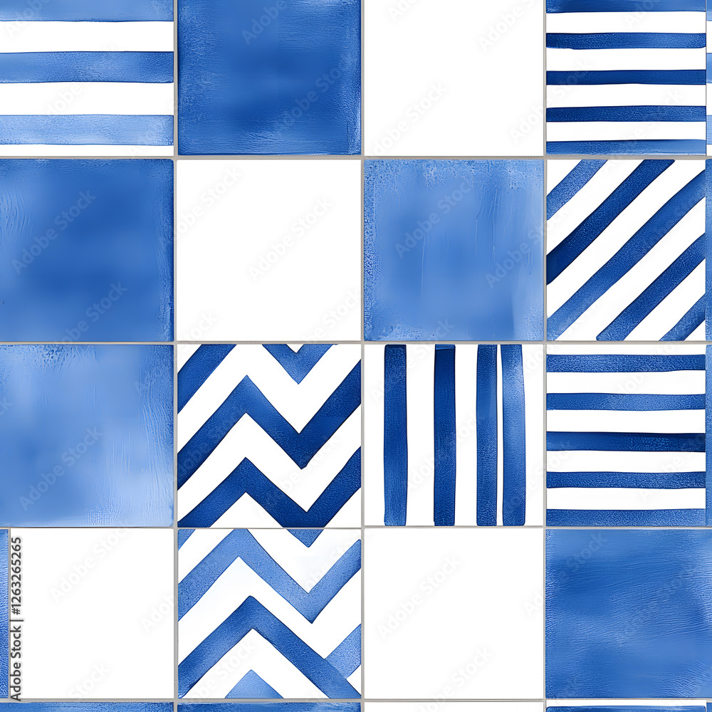 Fototapeta premium Blue and white tile geometric shapes pattern