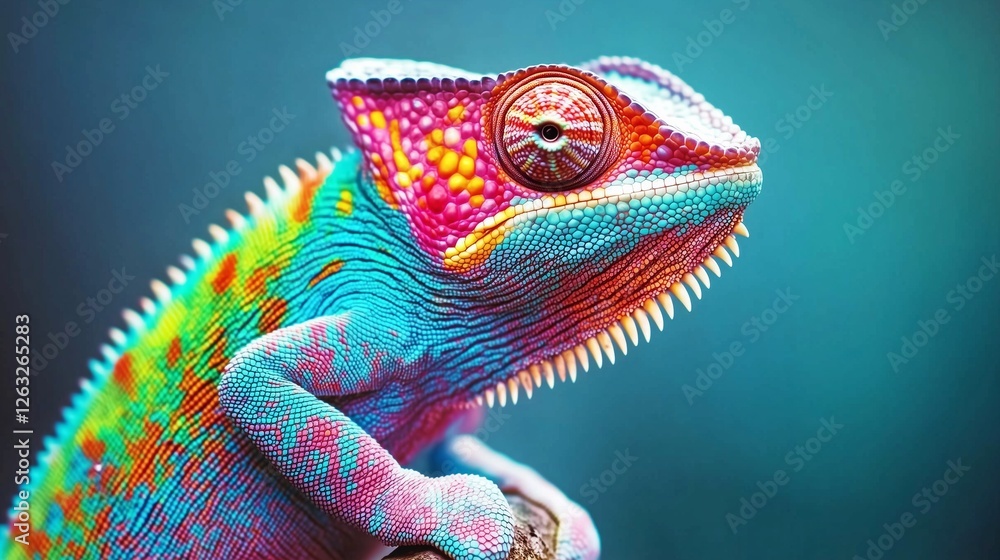 Obraz premium Vibrant multicolored chameleon with intricate scale patterns and striking eye detail on a blue background. Wildlife and exotic nature concept for editorial and creative use.