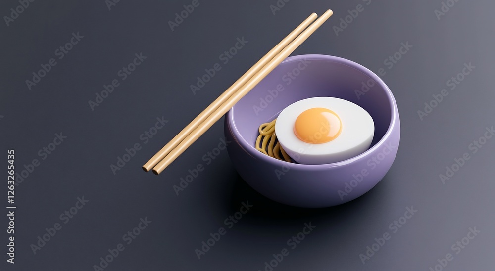 A purple bowl of noodles topped with a fried egg and chopsticks on a dark background. A purple bowl of noodles topped with a fried egg and chopsticks on a dark background.
